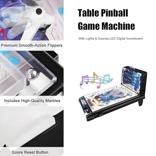 Retro Arcade Electronic Tabletop Pinball Machine - Desktop Ball Shooting Game with Vibrating Bumpers, LED Lights Sound Effects | Portable Mini Pinball | Gift for Ages 4+