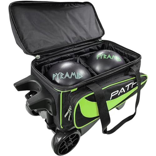 Pyramid Path Premium Deluxe 2 Ball Double Roller Bowling Bag With Large Separate Shoe Compartment (Up To US Mens Size 15) and Oversized Accessory Pocket, Retractable Locking Handle - Extends to 37" - color: Lime