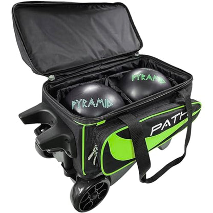 Pyramid Path Premium Deluxe 2 Ball Double Roller Bowling Bag With Large Separate Shoe Compartment (Up To US Mens Size 15) and Oversized Accessory Pocket, Retractable Locking Handle - Extends to 37" - color: Lime