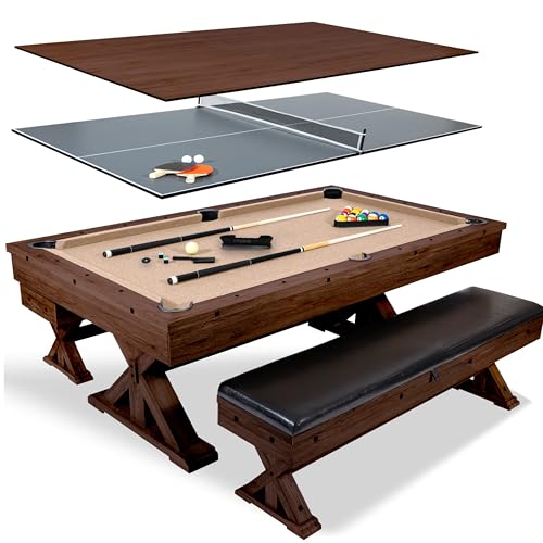7' 3 in 1 Multi Game Pool Table with Dining Top Pool Ping Pong Table Combo with Dual Storage Bench Seating. Includes Billiards, Ping Pong Accessories.
