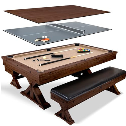 7' 3 in 1 Multi Game Pool Table with Dining Top Pool Ping Pong Table Combo with Dual Storage Bench Seating. Includes Billiards, Ping Pong Accessories.