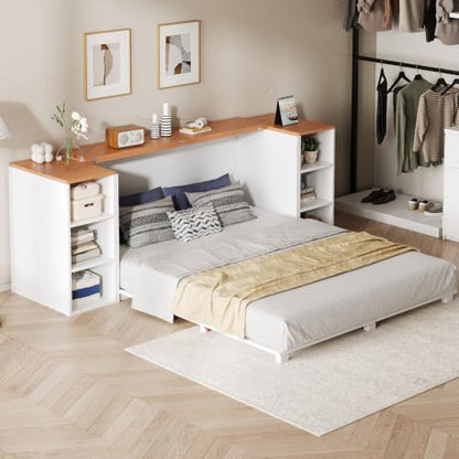 Queen Murphy Bed Cabinet, Farmhouse Murphy Bed with Wooden Foldable Platform, 6 Open Cubby Storage Shelves, Saving Space Wall Bed for Guest Room, Home Office & Apartment, White - size: Queen (U.S. Standard)