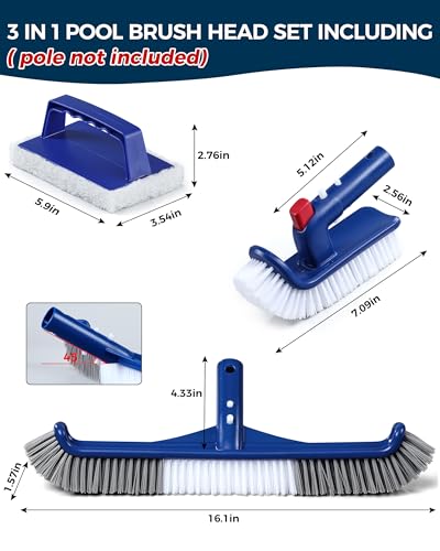 3-in-1 Full-Coverage Pool Brush Head Set - Includes 17.5" Long Brush, Rotatable Handheld/Extension Pole Brush, Sponge Brush, Durable Scrubber Brush Set for Pool Floors/Corners/Steps