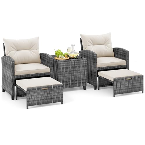 Tangkula 5 Pieces Patio Conversation Set, PE Wicker Rattan Outdoor Furniture Set with 2 Chairs, 2 Ottomans & Tempered Glass Coffee Table, Ideal for Poolside, Backyard, Lawn, Deck, Mix Grey & Off White - color: Mix Grey & Off White