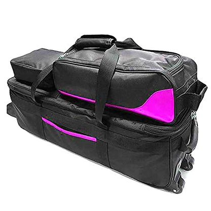 Pyramid Path Triple Tote Roller Plus Bowling Bag with Detachable Shoe Bag (Fits US Mens Size 15), Accessory and Side Pocket, Lightweight Travel Design - color: Black/Hot Pink