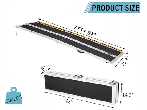 7 Feet Aluminum Folding Wheelchair Ramp | Non-Skid Handicap Threshold Wheel Chair Ramp for Home Steps, Stairs, Entry, Threshold, Doorways, 600LBS Capacity,28in Wide - size: 7FT-tri-fold-black