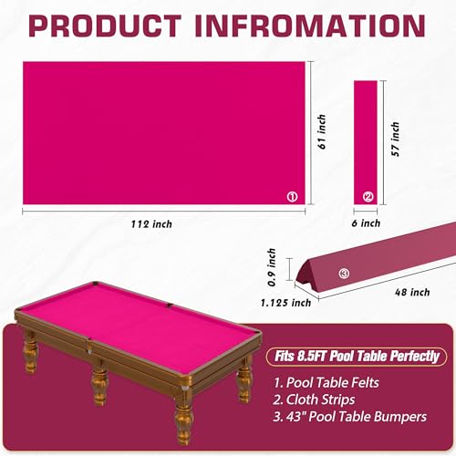 Pool Table Felt and Bumper Kit Felt for Billiard Cloth with Pool Table Bumpers and Cushions Facing, 6 Pcs Cloth Strips and Staple Remover - color: Hot Pink, size: 8.5FT Over Size + 48'' Bumpers
