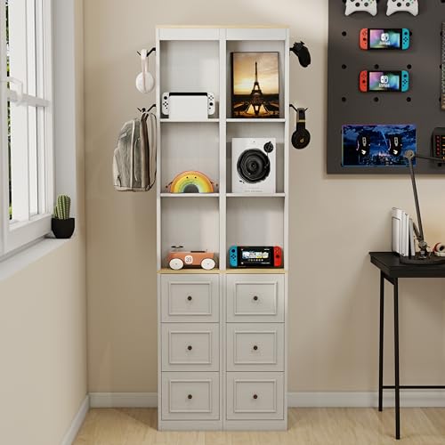 73" Tall Slim Storage Cabinet with 3 Drawers and 2 Hooks, 3-Tier Media Storage Tower for CDs DVDs Game Consoles, Narrow Bookcase Display Shelf for Living Room Bedroom Entryway, Antique White