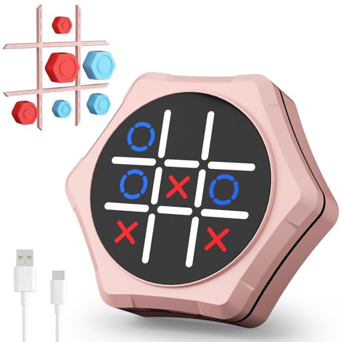 Electronic Tic Tac Toe Game,5-in-1 Handheld Puzzle Games,Tic Tac Toe Bolt Game for Educational&Memory,Portable Travel Games for Car Ride with Silent Mode,Toys Gift Idea for Kids & Family-Pink - color: Pink