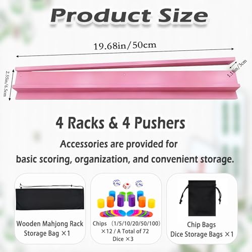 4 PCS Mahjong Racks with Pushers, Pink Wooden Mahjong Racks with Detachable Magnetic Pushers, Mahjong Tile Pushers and Racks, Includes Chips, Dice & Storage Bags, Mahjong Accessories (19.68 Inch) - color: Pink
