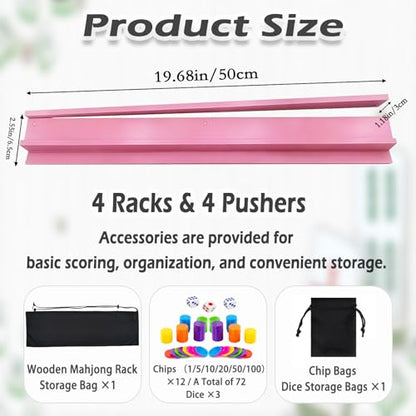 4 PCS Mahjong Racks with Pushers, Pink Wooden Mahjong Racks with Detachable Magnetic Pushers, Mahjong Tile Pushers and Racks, Includes Chips, Dice & Storage Bags, Mahjong Accessories (19.68 Inch) - color: Pink
