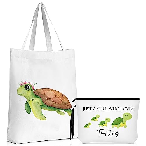 Sieral 2 Pcs Animal Lover Bag Gift for Women Travel Canvas Tote Portable Zipper Pouch Canvas Reusable Grocery Tote - style: Turtle