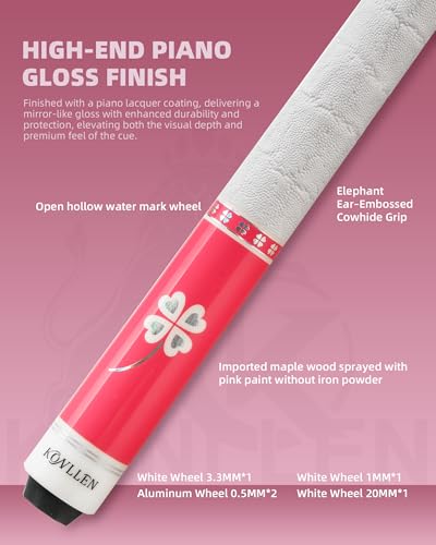 KONLLEN Pool Cue Stick Low Deflection Billiards Cue Stick Young Fashionable 58" Professional Pool Table Sticks Gifts for Adults -12.5mm Tip, 3/8 * 8Joint, Weight 19OZ - color: KL-Pink-Pro