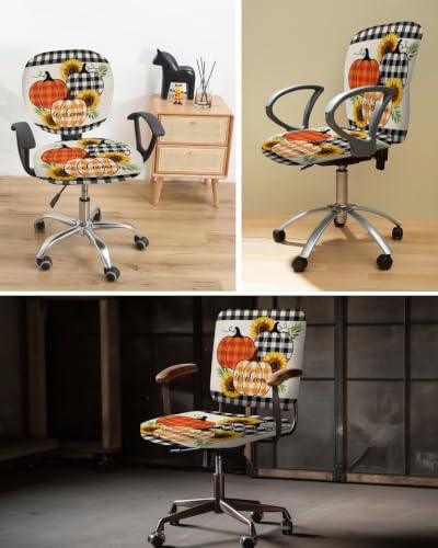 Savannan Office Chair Cover, Retro Thanksgiving Pumpkin Sunflowers Protective Stretch Elastic Universal Cover for Desk Task Chair,Computer Rotating Chair 1 Pcs Black Orange Plaid