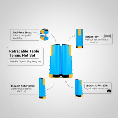 Retractable Table Tennis Net Set, Portable Clip-On Ping Pong Net for Any Flat Surface, Tool-Free Setup with Durable Plastic Construction - color: Yellow