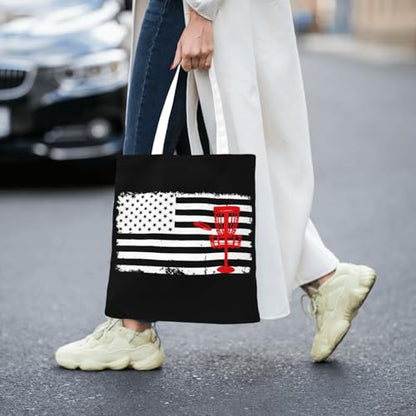 NIENIE Disc Golf Usa Flag Tote Bag for Women Shopping Bags Reusable Large Capacity Casual Shoulder Handbags DIY Gift Bags Cute Canvas Tote Bag