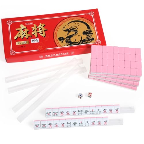 Miniature Chinese Mahjong Game Set 144 Standard Mini-Tiles Board Game Portable Travel with Traveler Size Carrying Case Dices Clear Holder for Outdoor Gift Enthusiast Family(Pink) - color: Pink