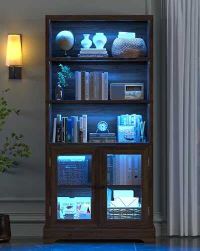 TVU 5-Tier Bookshelf, 65" Bookshelf with Multi-Color Ambient Lights (APP Remote Control), Tall Display Shelf with Cabinet Doors, Suitable for Living Room, Bedroom, Study, Office, Rustic Brown - color: Rustic Brown