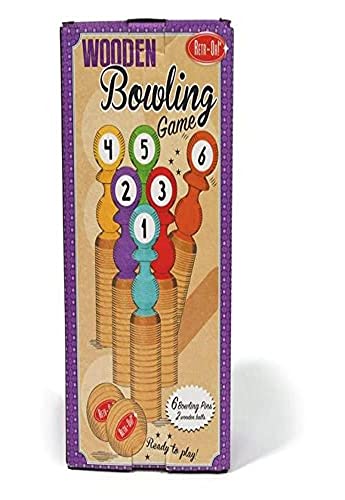 Pop It Up Retr-Oh! Wooden Bowling Game, Suitable for Indoor and Outdoor Use, Includes 2 Wooden Bowling Balls and 6 Colored & Numbered Pins, Family Fun