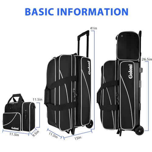 Goloni 3 Ball Bowling Bag with Wheels, Rolling Bowling Roller Bag with Retractable Handle for Balls & Bowling Accessories - color: 4 Ball-Black