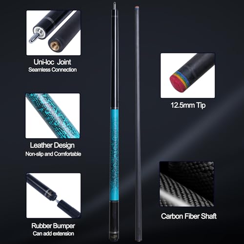 Carbon Fiber Pool Cue Stick 12.5mm Rainbow Tip Low Deflection Pool Stick with Uni-loc Pin Joint and Extension Pool Stick-20 oz - color: Blue