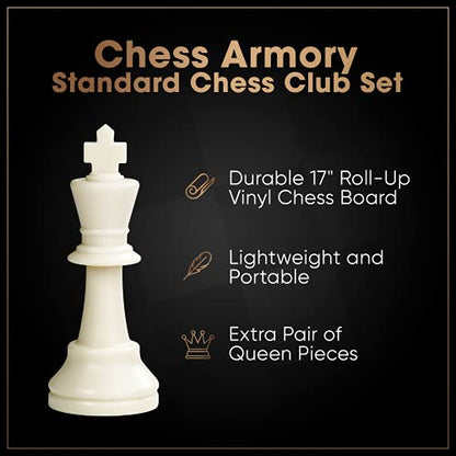 Chess Armory Roll Up Chess Set - 17" On-The-go Travel Chess Set - Vinyl Roll Up Portable Chess Board & 2 Extra Queens - Light and Mobile Chess Set - Play Chess Anywhere, Anytime! - size: 17" Vinyl