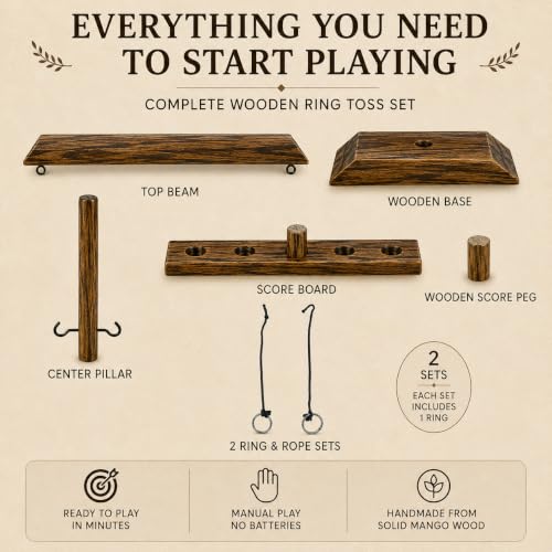16x13 Inch Wooden Ring Toss Game, Hook & Ring Tabletop | Mango Wood, Large Size, 2 Players, Indoor & Outdoor Game, Party Game