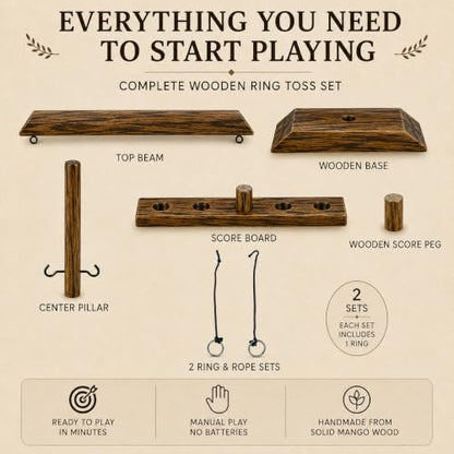 16x13 Inch Wooden Ring Toss Game, Hook & Ring Tabletop | Mango Wood, Large Size, 2 Players, Indoor & Outdoor Game, Party Game