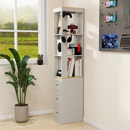 73" Tall Slim Storage Cabinet with 3 Drawers and 2 Hooks, 3-Tier Media Storage Tower for CDs DVDs Game Consoles, Narrow Bookcase Display Shelf for Living Room Bedroom Entryway, Antique White
