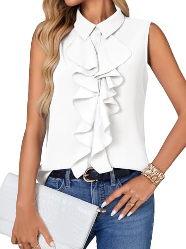 Vrtige Women's Summer Tank Top Button Down Ruffle Front Collar Neck Sleeveless Blouse Shirt Top - color: White, size: Medium