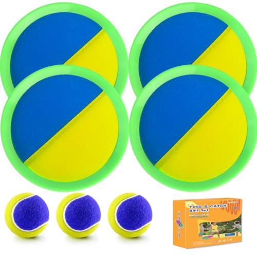 Outdoor Games - Beach Toys, Toss and Ball Set with 4 Paddles and 3 Balls, Perfect Yard Games Sets, Playground Sets for Backyards Easter Basket Stuffers for Kids/Adults/Family - color: Yellow