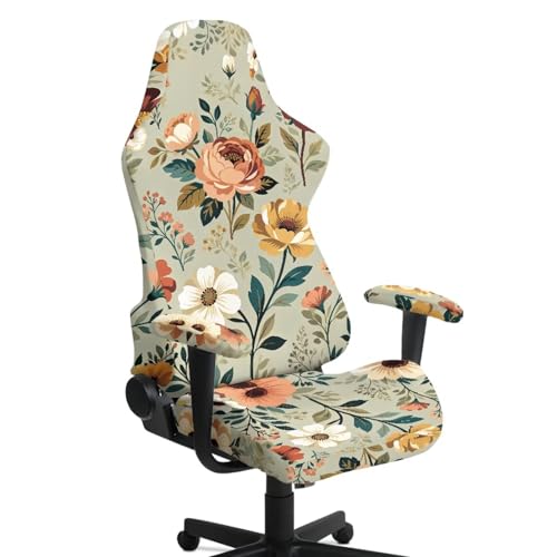 Peony Print Game Chair Cover with Armrest Covers Dust-Proof Skin Friendly Office Chair Covers Slipcovers Machine Washable - color: Green - Peony