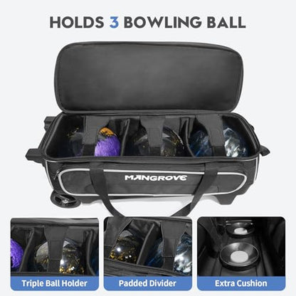 Mangrove 3 Ball Bowling Bag with Wheels & Shoe Compartment, Deluxe Bowling Ball Bag 3 Ball Roller, Rolling Triple-Ball Bag w/Accessory Pocket & Retractable Handle Extends to 40'' - color: Black
