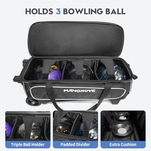 Mangrove 3 Ball Bowling Bag with Wheels & Shoe Compartment, Deluxe Bowling Ball Bag 3 Ball Roller, Rolling Triple-Ball Bag w/Accessory Pocket & Retractable Handle Extends to 40'' - color: Black