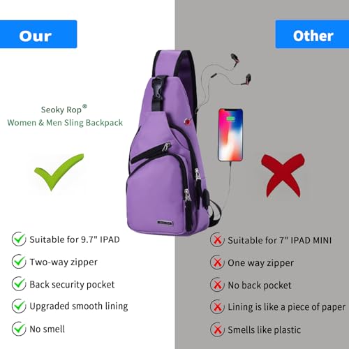 Seoky Rop Men Women Sling Backpack Nylon Water Resistant Shoulder Chest Crossbody Sling Bag with USB Charging Port - color: Purple