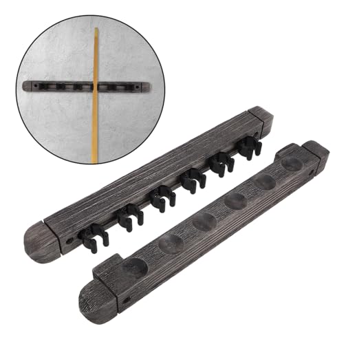 Cabilock Wall Mounted Solid Wood Billiard Cue Rack for 6 Cues Pool Stick Holder with Locating Clip Silver Gray for Game Room and Home Recreation Storage