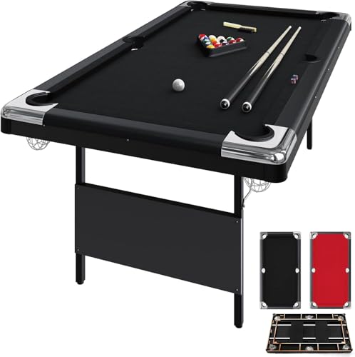 7 Foot Pool Table for Family, Foldable No Assembly Pool Table with Balls, Cues, Chalk, Rack & Brush, Portable Billiards Game Table for Apartment, Basement, Office & Game Room - size: Black-6FT