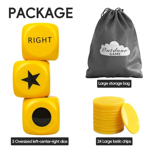 Giant Left Right Point Center Dice Game with 24 Large Chips & Carry Bag. 3.5" Jumbo Foam Indoor/Outdoor & Lawn Dice Game for Family - color: Jumbo Yellow Foam Dice