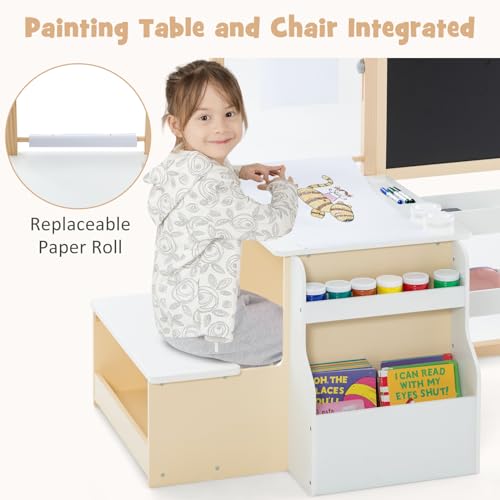 INFANS 3 in 1 Kids Art Table and Chair Set, Toddler Craft and Play Wood Activity Desk with Double-Sided Easel Blackboard Whiteboard, Paper Roll for Writing, Children Furniture for Daycare Nursery - style: Natural