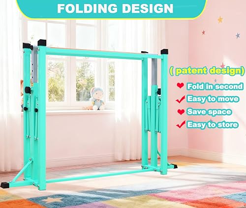Marfula Gymnastic Bar For Kid and Teenage of 3-25, 5Ft/8 FT Base Length 4Ft Width 5Ft Adjust Height, Gymnastic Kip Bar For Gymnast, Gymnastic Training Equipment For Professional Training Home Club Use - color: Teal (New Style - 8 Ft Base)