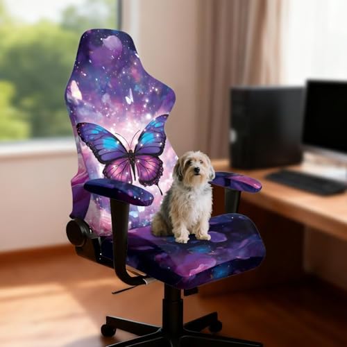 Suobstales Galaxy Butterfly Rose Flower Pattern Gaming Chair Cover, Soft Gaming Chair Slipcovers for Office, Soft Spandex Gaming Chair Slipcovers with Armrest Covers for Office Chair, Computer Chair - color: Galaxy Butterfly Rose Flower