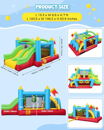 Whubefy Bounce House for Kids 3-6 Big Kids 8-12, 15.3 X 9ft Inflatable Obstacle Course with Dual Tunnels/Double Slides/Two Climbing Walls/Two Boxing Ball Obstacles/Basketball Hoops/Removable Dartboard - style: 550W Blower