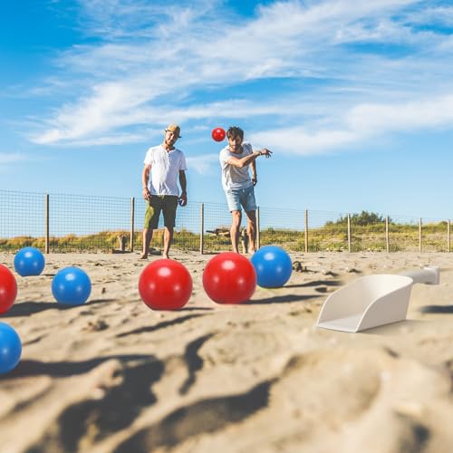RoundFunny Outdoor Beach Toss Accessories Set and Must Haves 12 Beach Balls 2 Plastic Sand Shovels 4 Cup Sleeves 1 Mesh Bag for Family Adult Friends Summer