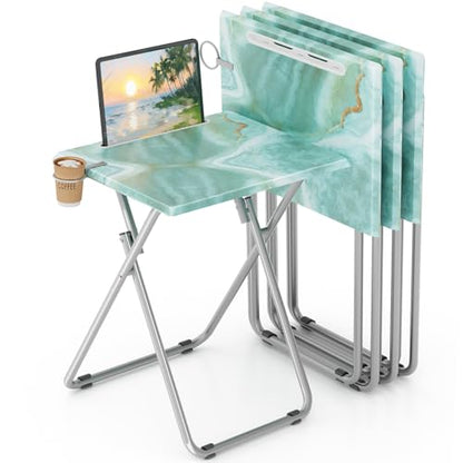 TV Trays Table Set of 4 Portable Folding TV Tray Table TV Dinner Tray with Sturdy MDF, Small Folding Tables with Phone & Tablet Slot, No Assembly Required, 15 x 18.9 x 25.6 in (Sea Blue Marble, 4Pcs) - color: Sea Blue, size: 4PCS