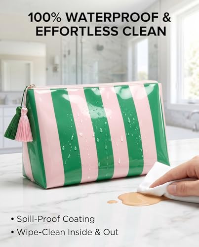 LETGO Green Pink Striped Waterproof PVC Beach Makeup Bag with Tassel Zipper, Large Preppy Coastal Summer Beach Vacation Travel Toiletry Cosmetic Pouch for Women(Green Pink) - color: Green Pink