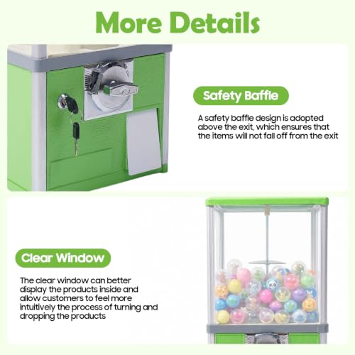 Gumball Machine for Kids, 25-Cent Vending Machines, PS Bouncy Balls Dispenser, 1.77-1.97in Huge Load Capacity Coin Operated Gumball Bank, Hold 200 Capsule Toys for Retail/Game Store (Green) - color: Green