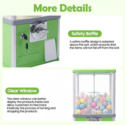 Gumball Machine for Kids, 25-Cent Vending Machines, PS Bouncy Balls Dispenser, 1.77-1.97in Huge Load Capacity Coin Operated Gumball Bank, Hold 200 Capsule Toys for Retail/Game Store (Green) - color: Green