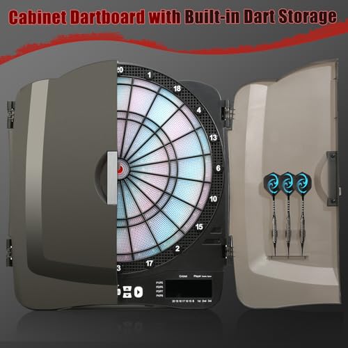 Electronic Dart Board Cabinet Set, Illuminated Target Dartboard for Adults, 48 Games with 315 Variations Soft Tip Digital Dartboard Cabinets with 6 Darts, 100PCS Soft Tips