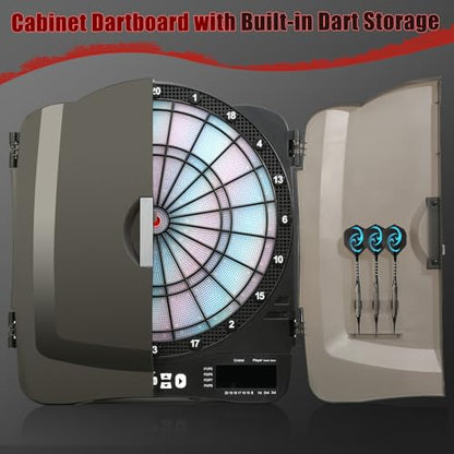 Electronic Dart Board Cabinet Set, Illuminated Target Dartboard for Adults, 48 Games with 315 Variations Soft Tip Digital Dartboard Cabinets with 6 Darts, 100PCS Soft Tips