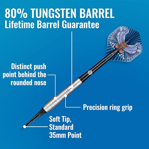 Shot! Darts Birds of Prey Kestrel Soft Tip Dart Set (18g) | 90% Tungsten Barrel | Handcrafted Professional Darts with Flights | Plastic Tip for Electronic Dartboard | Bar Darts | Made in New Zealand